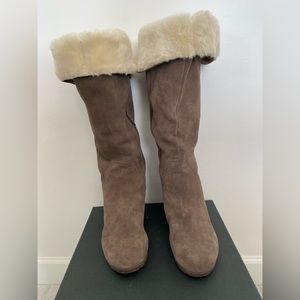 Nine West Brown Suede Knee-Length Boots Fur Lines with Zipper and Criss-Cross